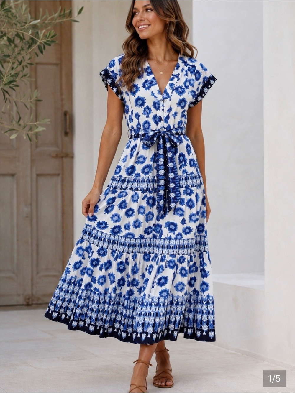 Abercrombie & Fitch Blue and White Floral V-Neck Tiered Maxi Dress